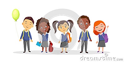 A group of teenagers in school uniforms of different nationalities is going to school. A new academic year. Vector Illustration
